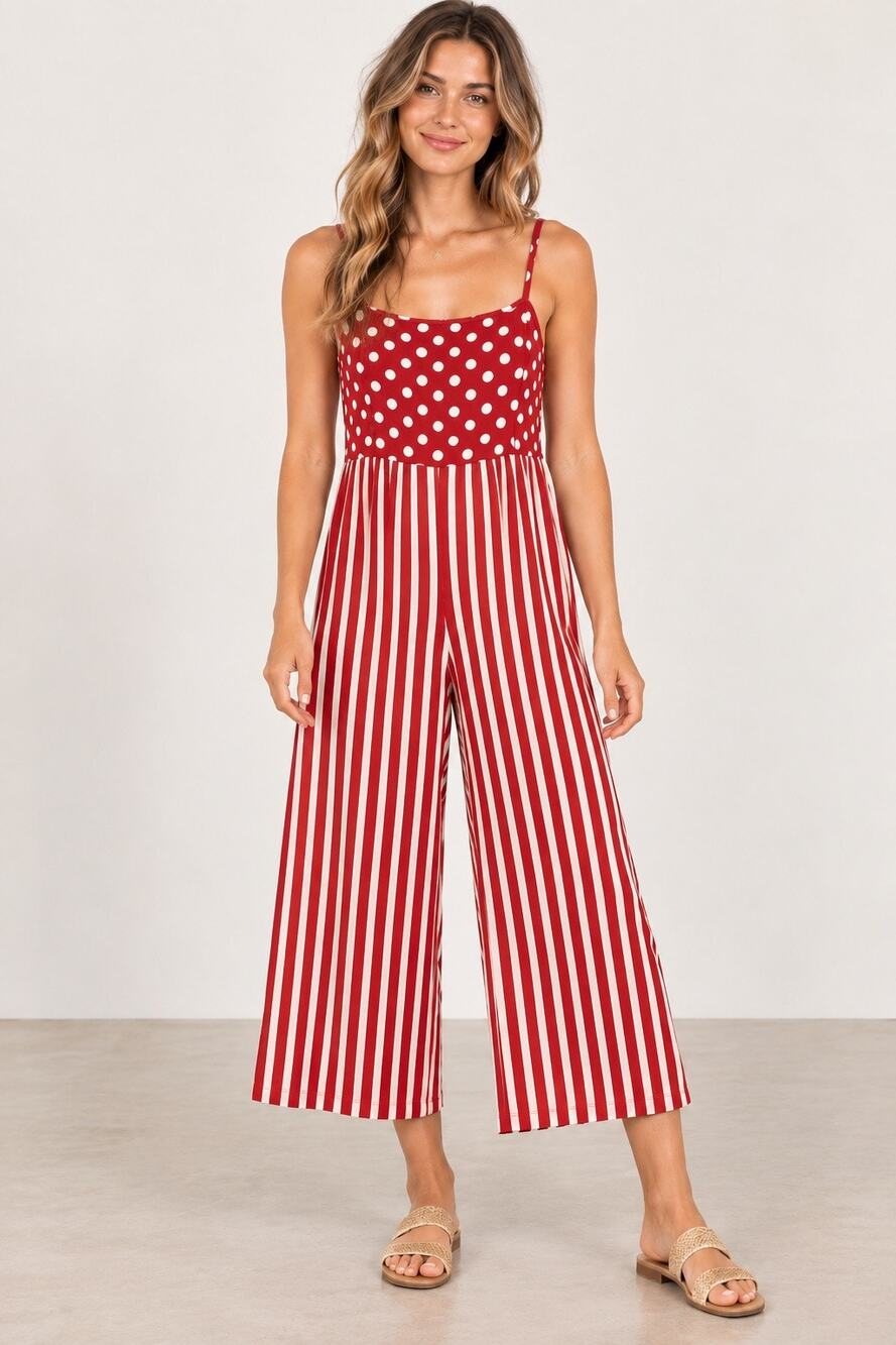 Gundrun Sjoden Densu Jumpsuit Red White Polkadot Striped Small Wide Leg Artsy